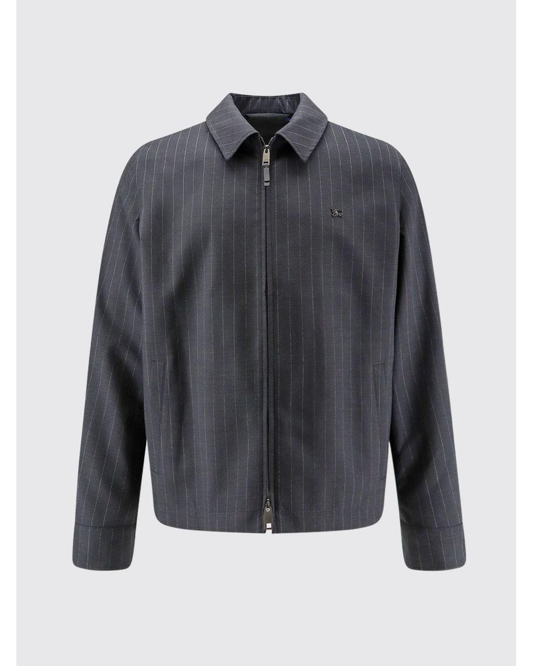 Burberry Blue Pinstriped Wool Shirt Jacket With Embroidered Logo And Zip Closure for men