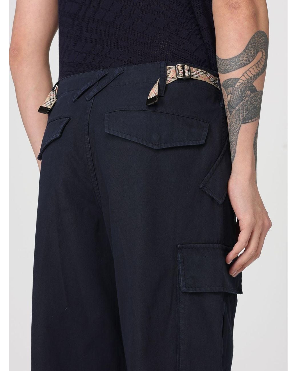 Burberry Blue Cotton Trousers With Check Details for men