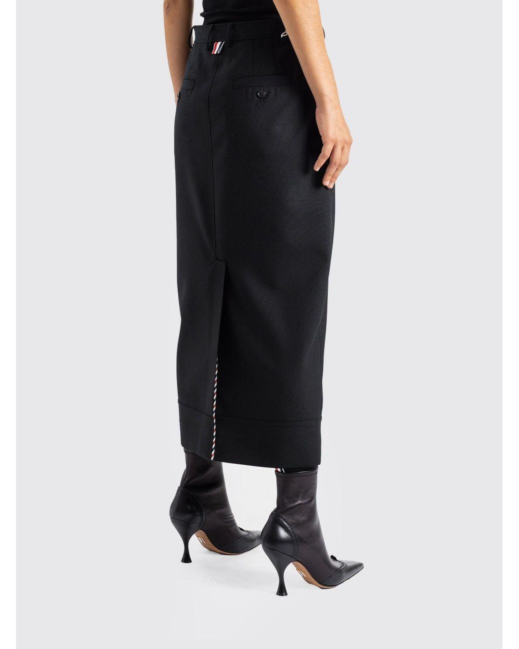 Thom Browne Black High-Waisted Wool Pencil Skirt With A Midi Length And Back Slit
