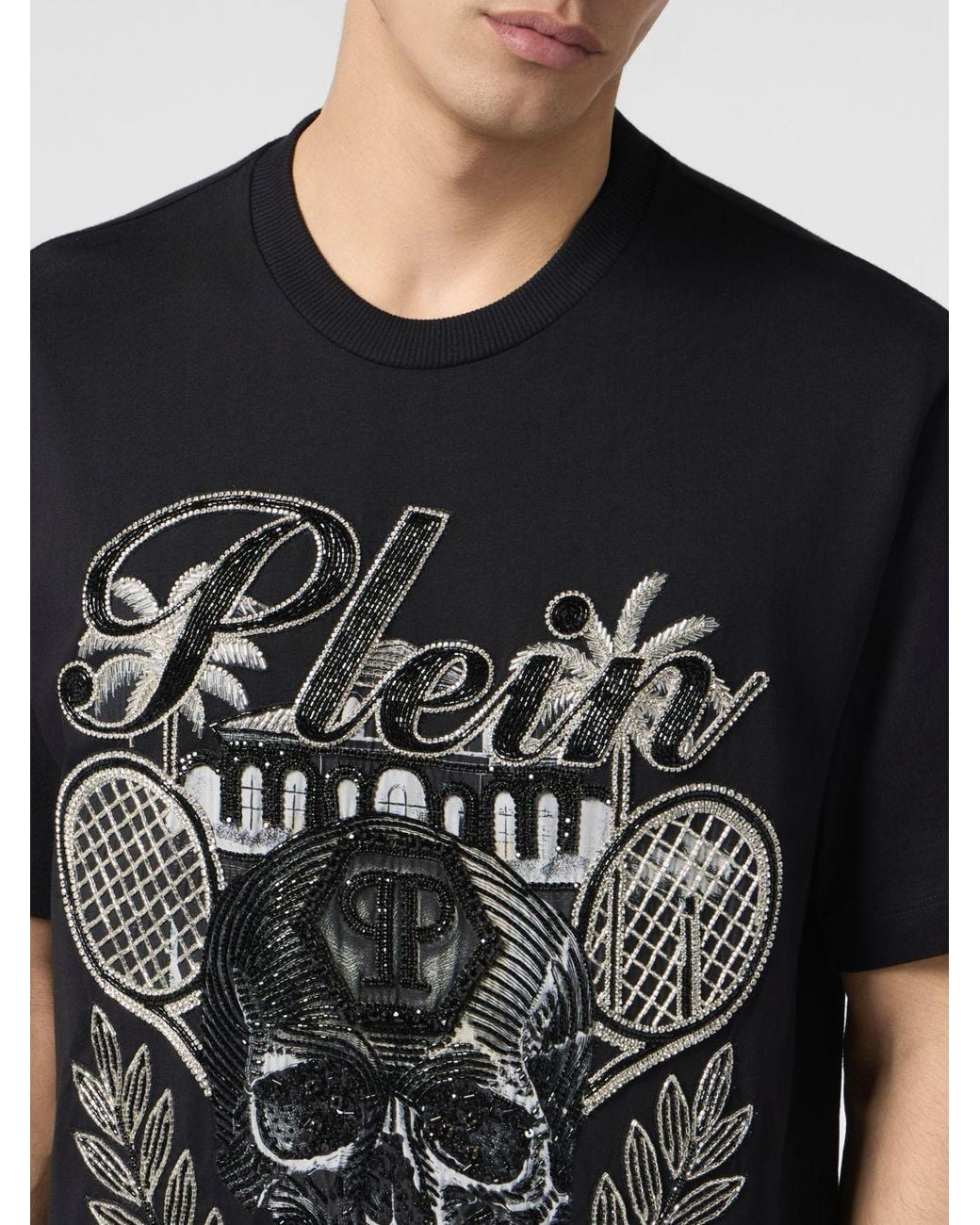 Philipp Plein Black Tennis Club Cotton T-Shirt With Rhinestone Skull And Embroidery for men
