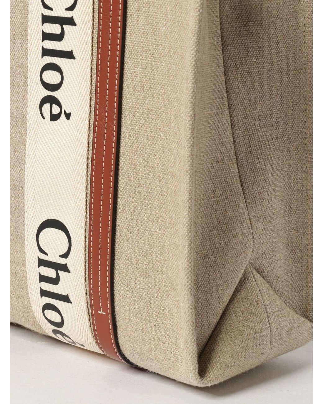 Chloé Natural ChloÉ Woody Linen Tote Bag With Printed Logo And Double Handle