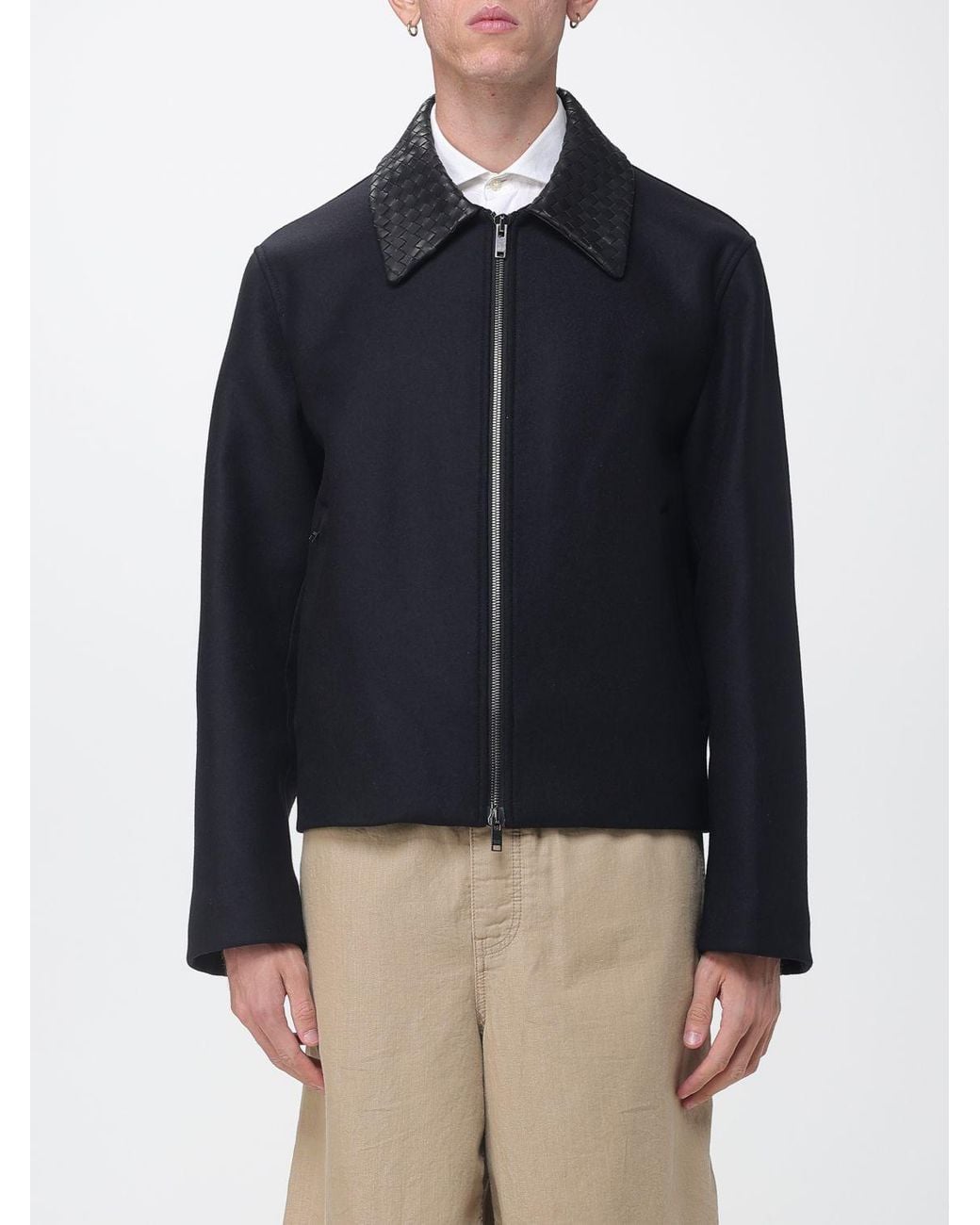 Bottega Veneta Blue Single-Breasted Short Wool Coat With Leather Collar for men