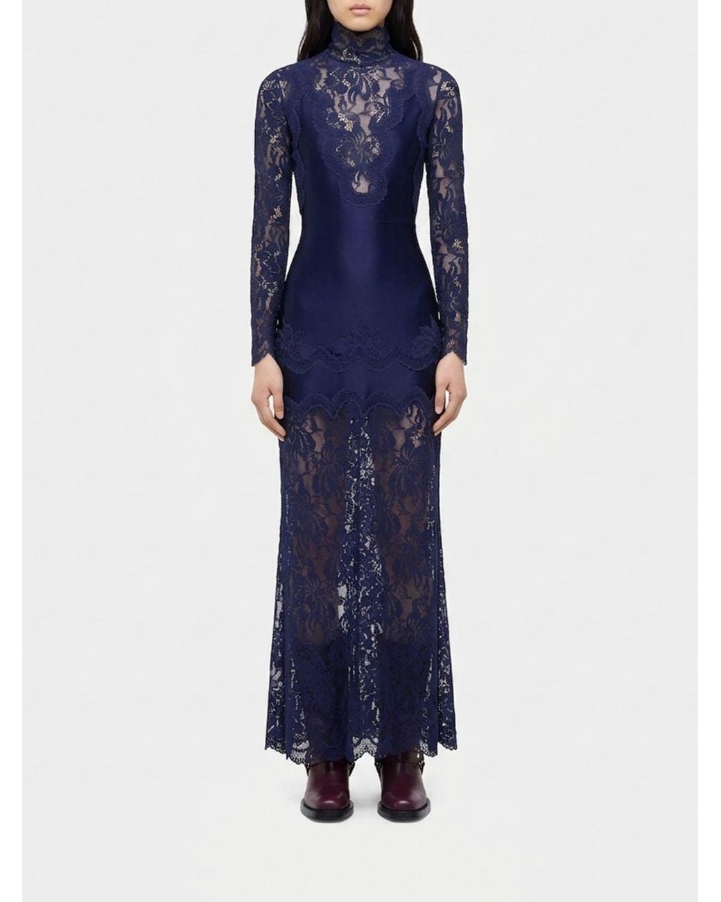 Rabanne Blue Long-Sleeved Satin And Lace High-Neck Gown With Bow Detail