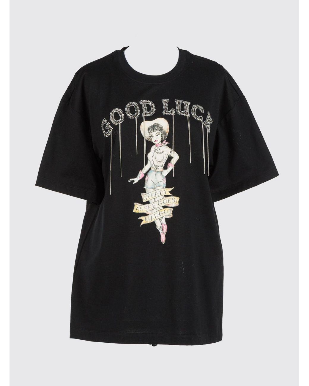 Twinset Black Fringed Cotton T-Shirt With Contrast Slogan Print