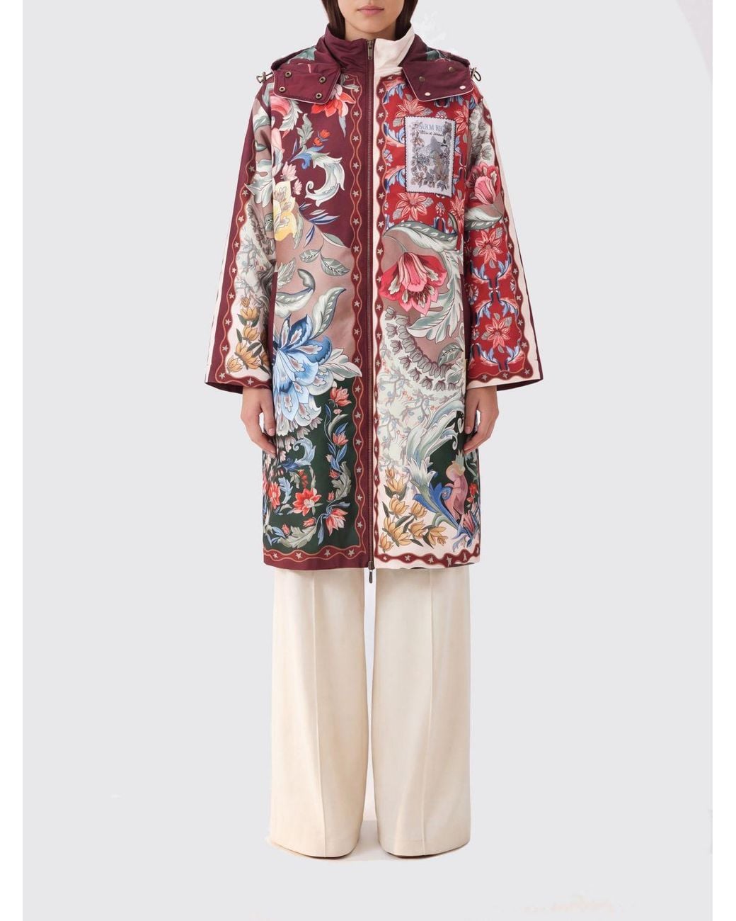Farm Rio Red Reversible Knee-Length Coat With Floral Print And Hood