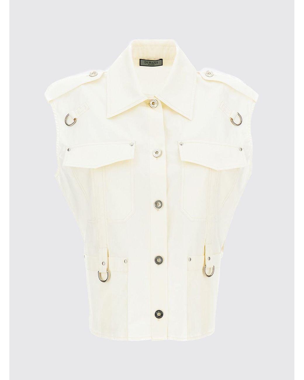 DURAZZI MILANO White Sleeveless Cotton Shirt With Epaulettes And Metal Ring