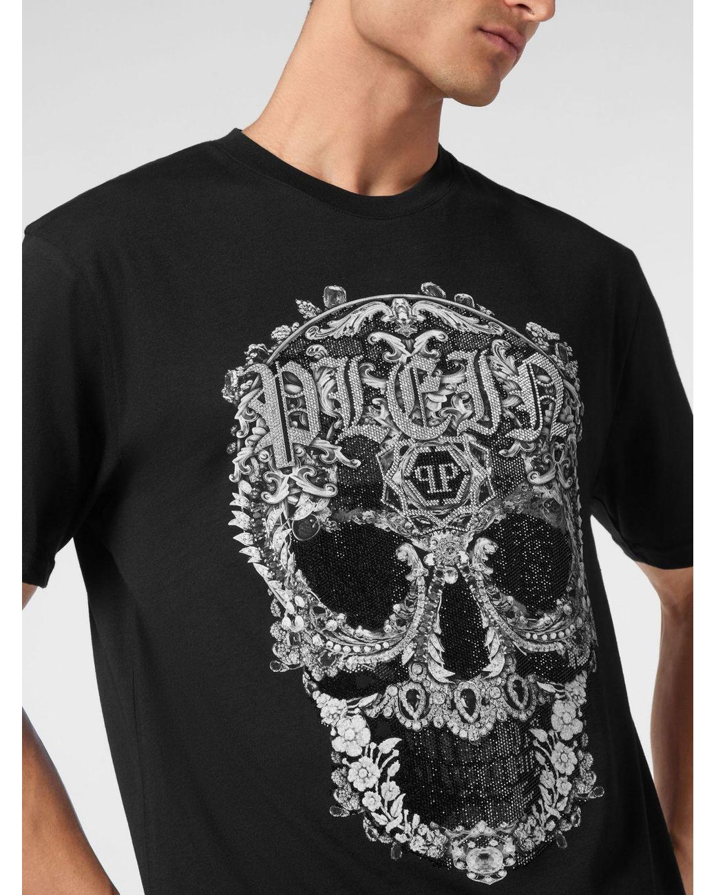 Philipp Plein Black Cotton T-Shirt With Skull Print And Applied Crystals for men