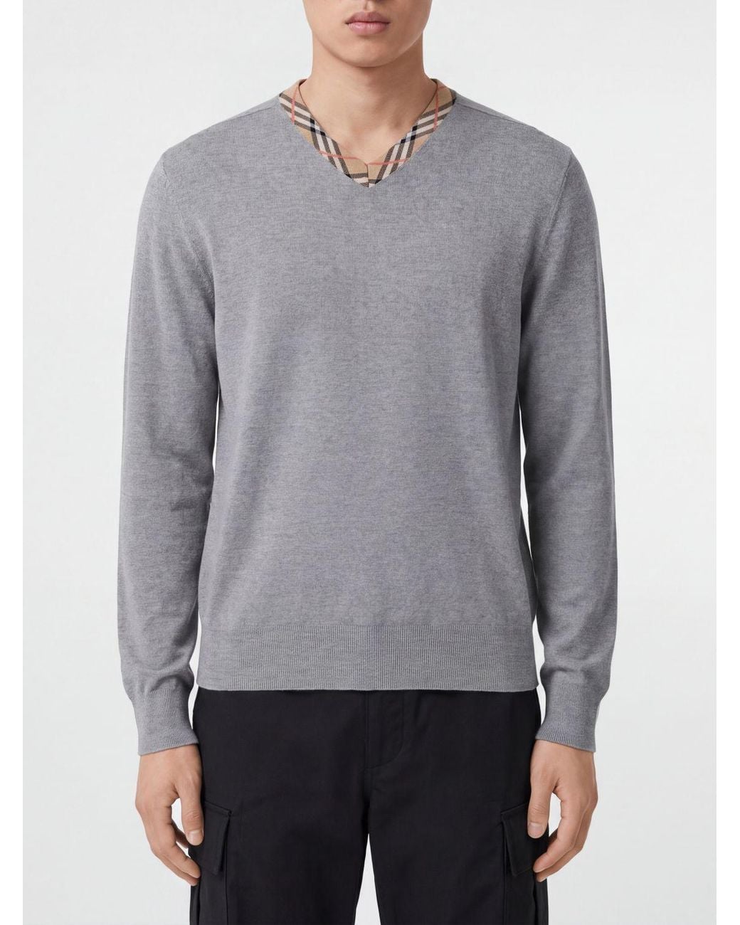 Burberry Gray Vintage Check Pure Wool V-Neck Jumper for men