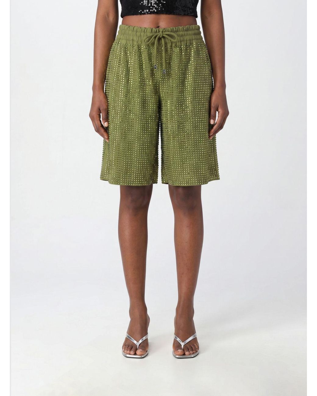 VENUJA Green High-Waisted Knee-Length Shorts With Rhinestone Embroidery