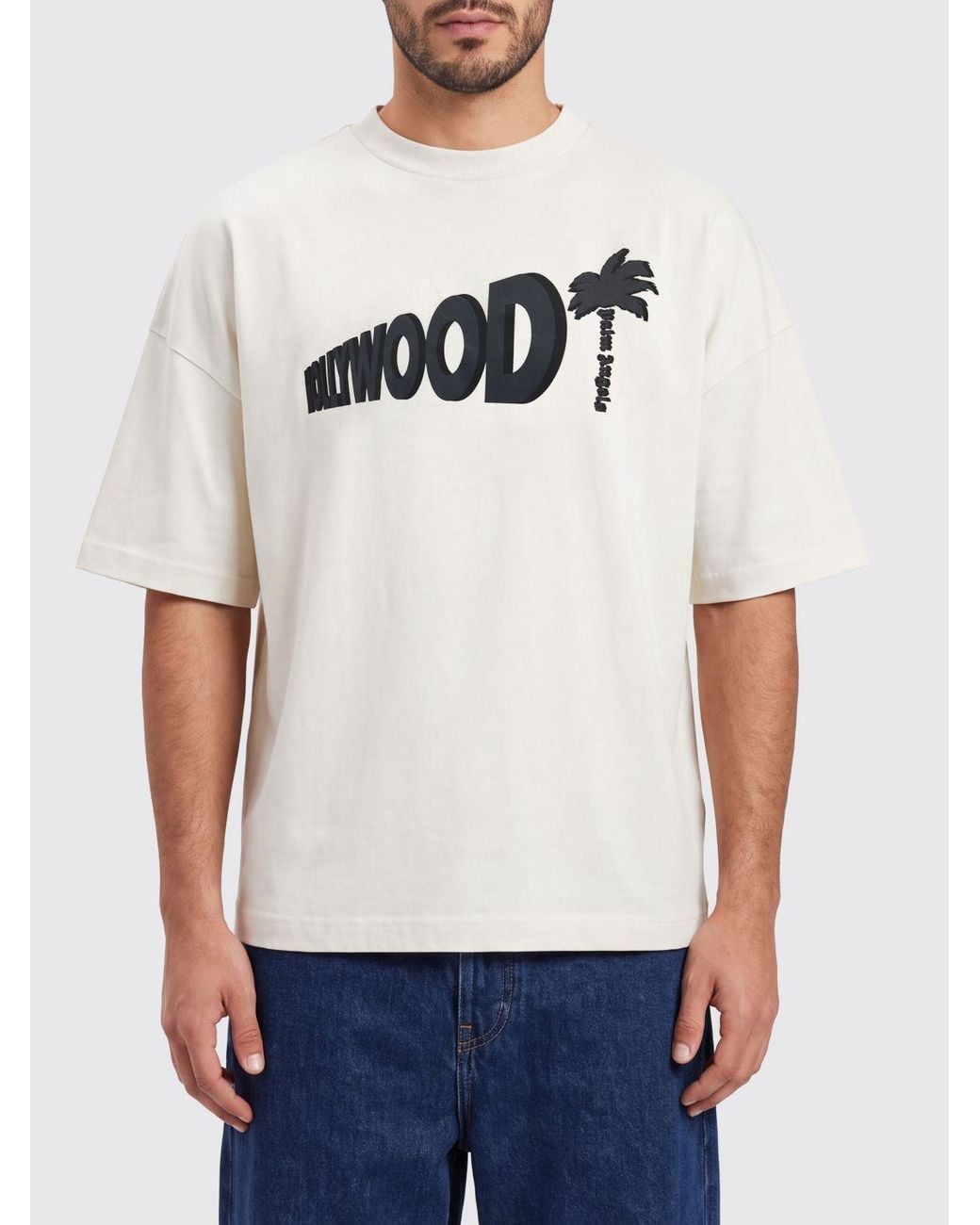 Palm Angels White Cotton Crew Neck T-Shirt With Contrast Logo for men