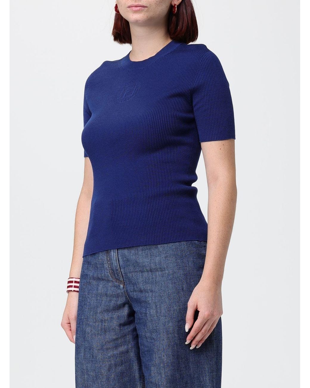 Fendi Blue Ff Monogram Ribbed Cotton Short-Sleeve Knit Top