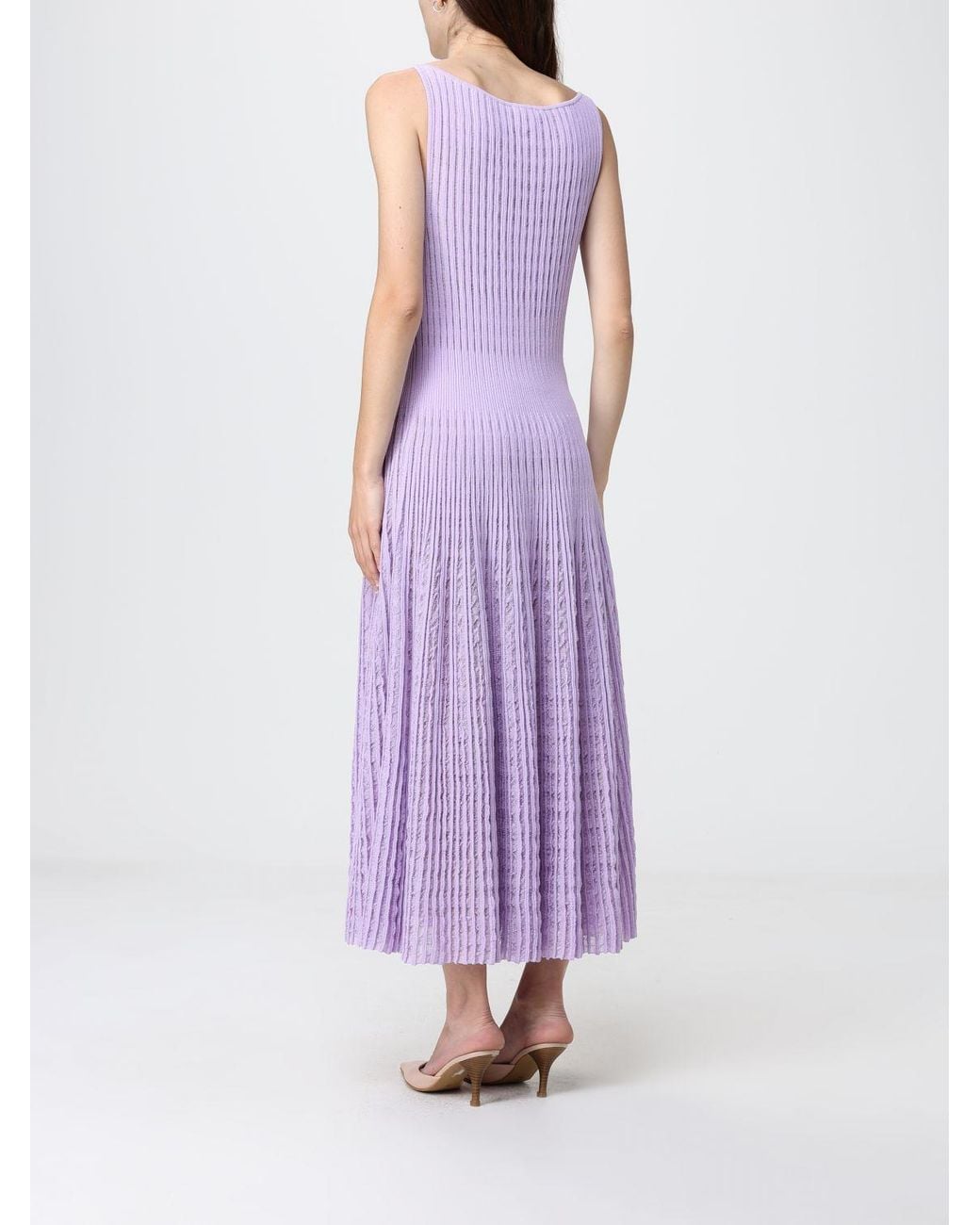 Antonino Valenti Purple Pleated Knit Off-The-Shoulder Midi Dress