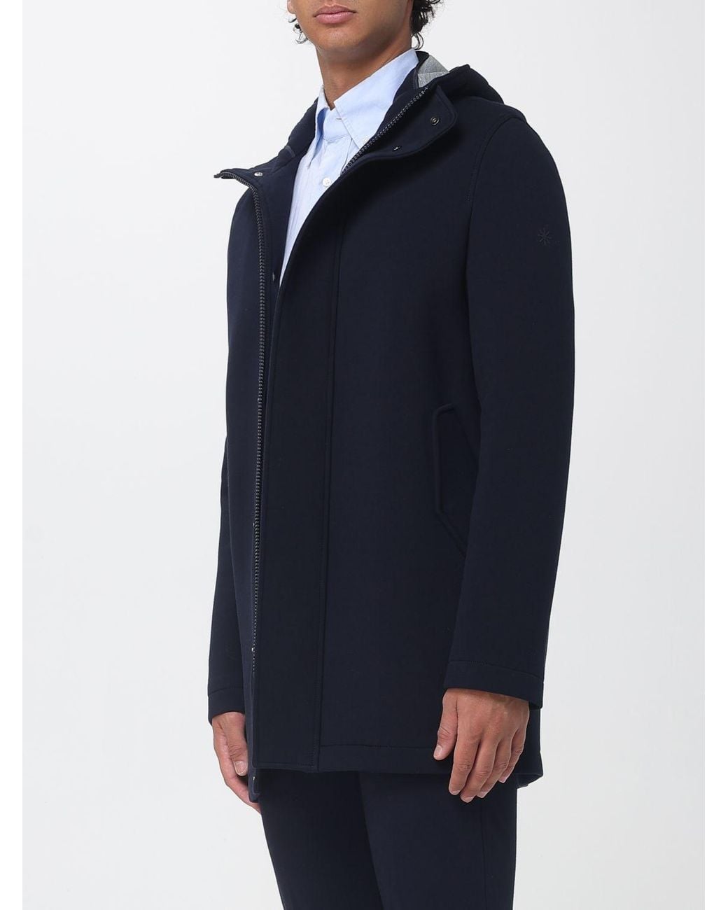 Manuel Ritz Blue Knee-Length Single-Breasted Hooded Coat With Concealed Fastening for men