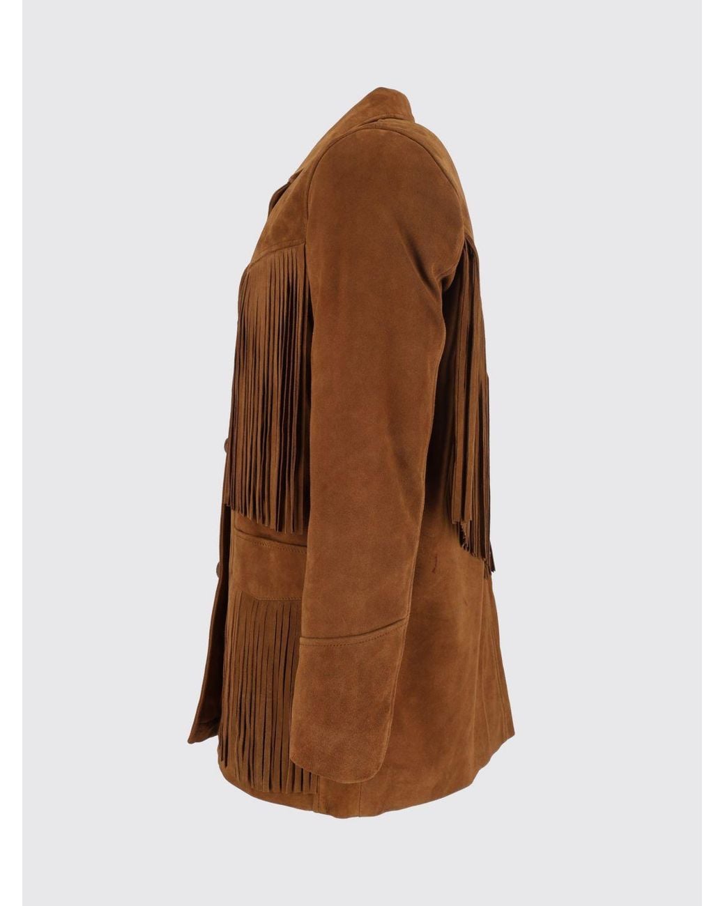 Schott Nyc Brown Suede Shirt Jacket With Fringes And Cuban Collar for men