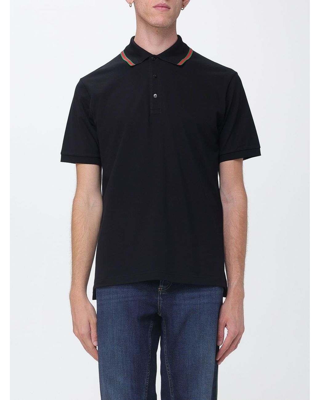 Gucci Black Short-Sleeved Cotton Polo With Web Detail And Contrast Trim for men