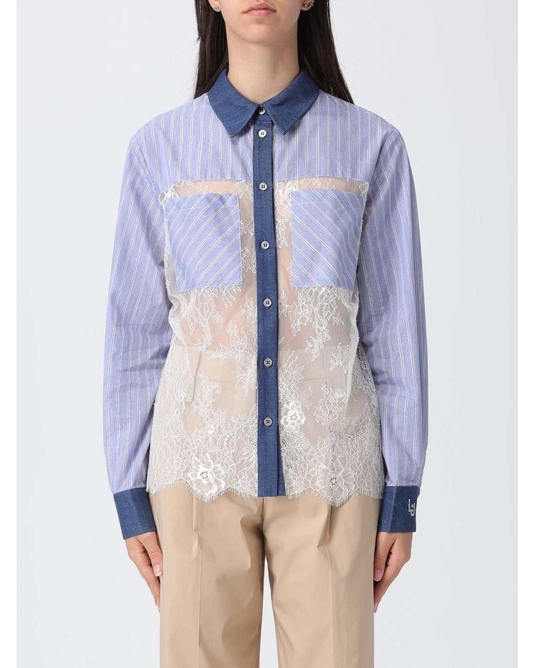 Liu Jo Blue Cotton Blend Shirt With Lace Inserts