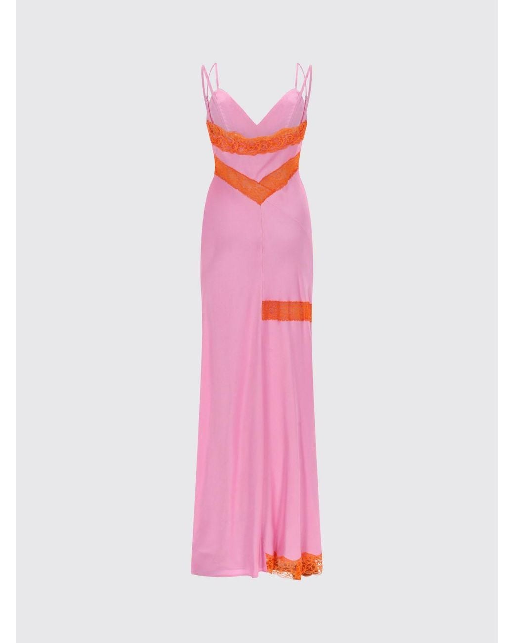 MSGM Pink Long Satin Slip Dress With Lace Inserts And Front Slit
