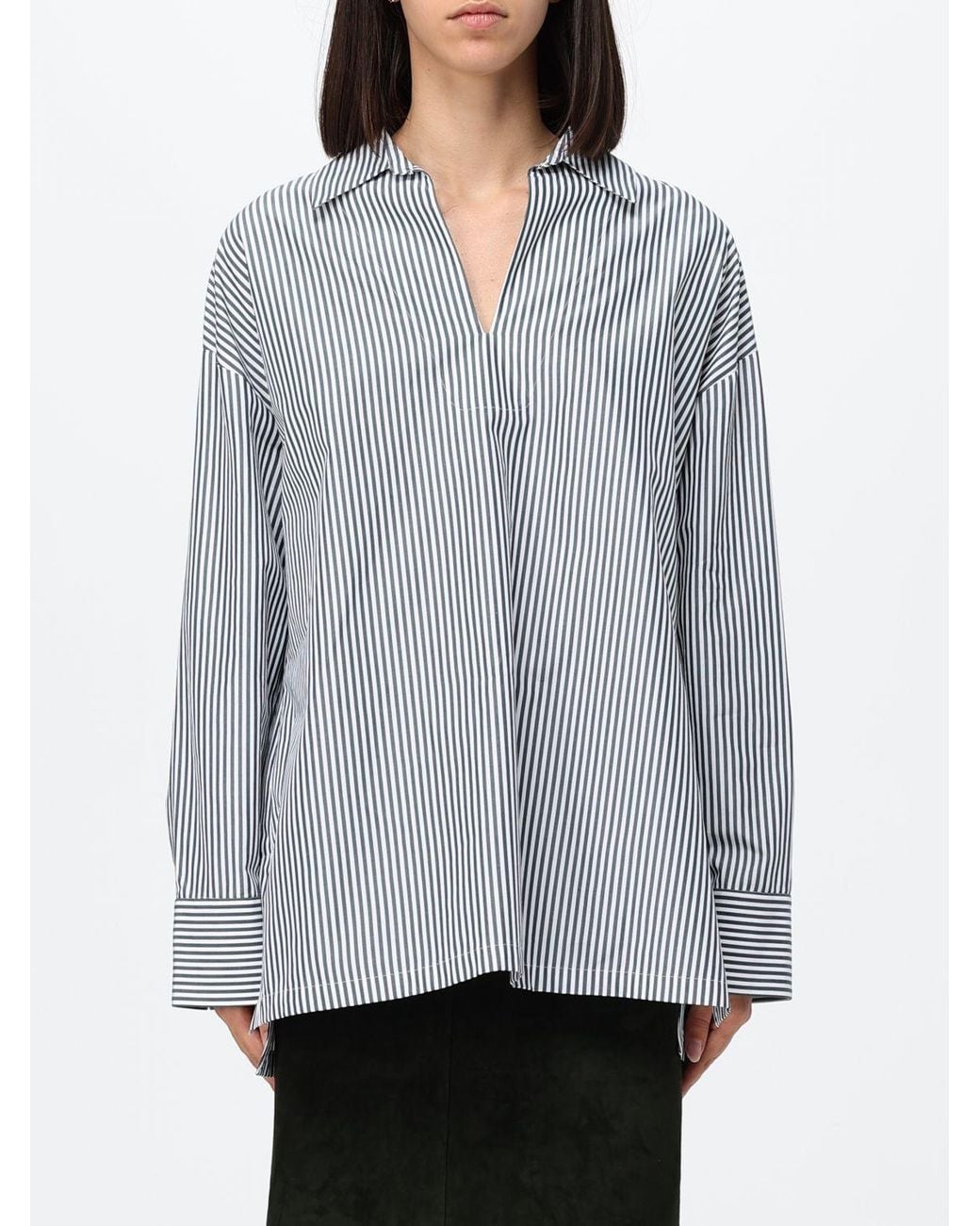 Max Mara Gray Striped Cotton V-Neck Relaxed Fit Blouse