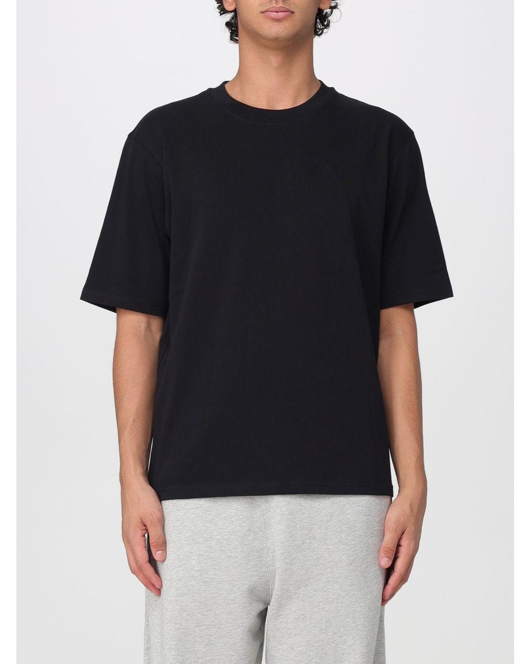AMI Black Short-Sleeved Cotton T-Shirt With Front Logo Print for men