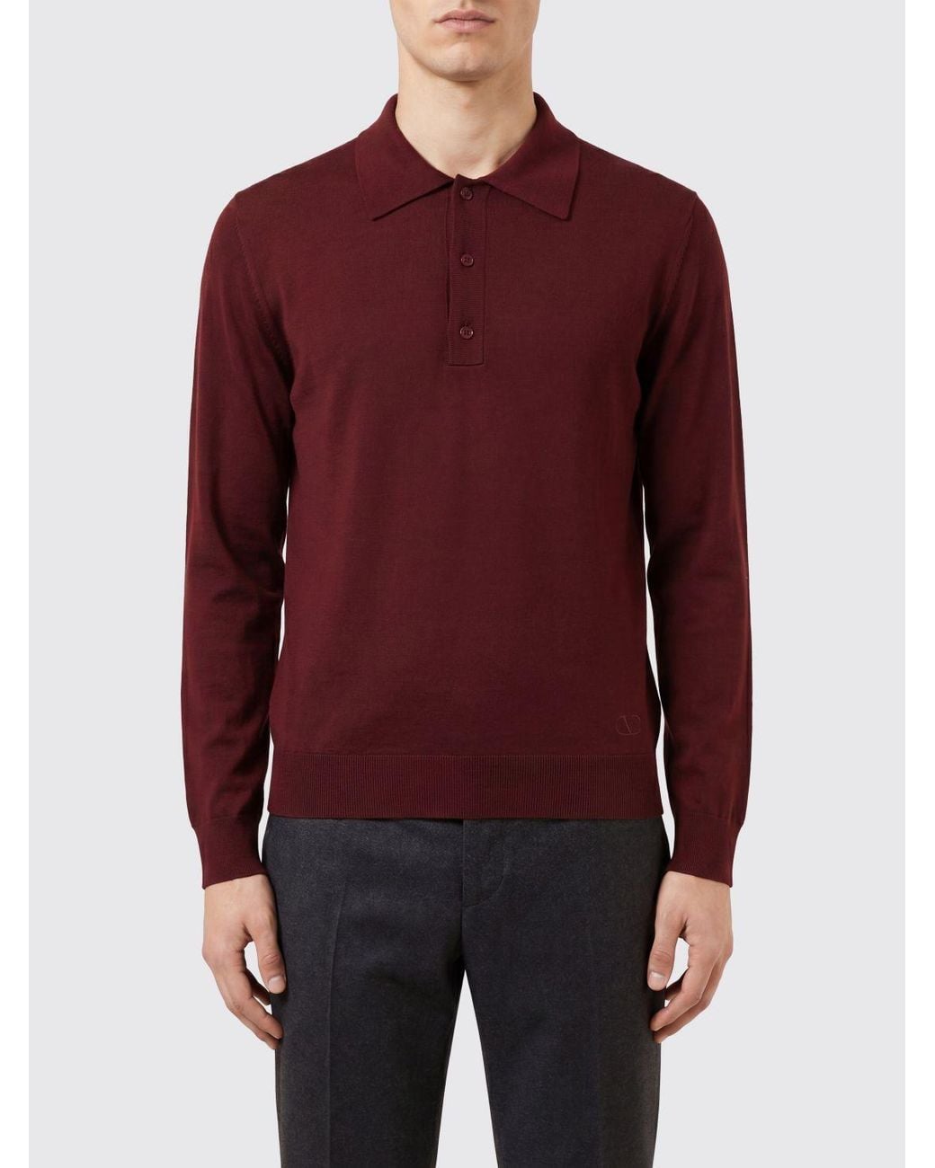 Valentino Red Long-Sleeved Knitted Virgin Wool Polo for men