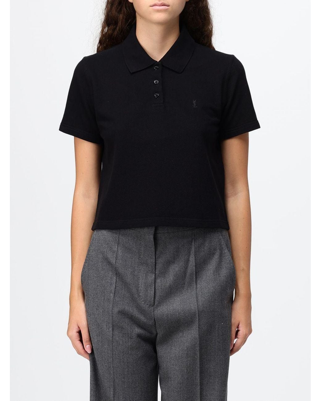 Saint Laurent Black Cotton Polo Shirt With Embroidered Ysl Monogram