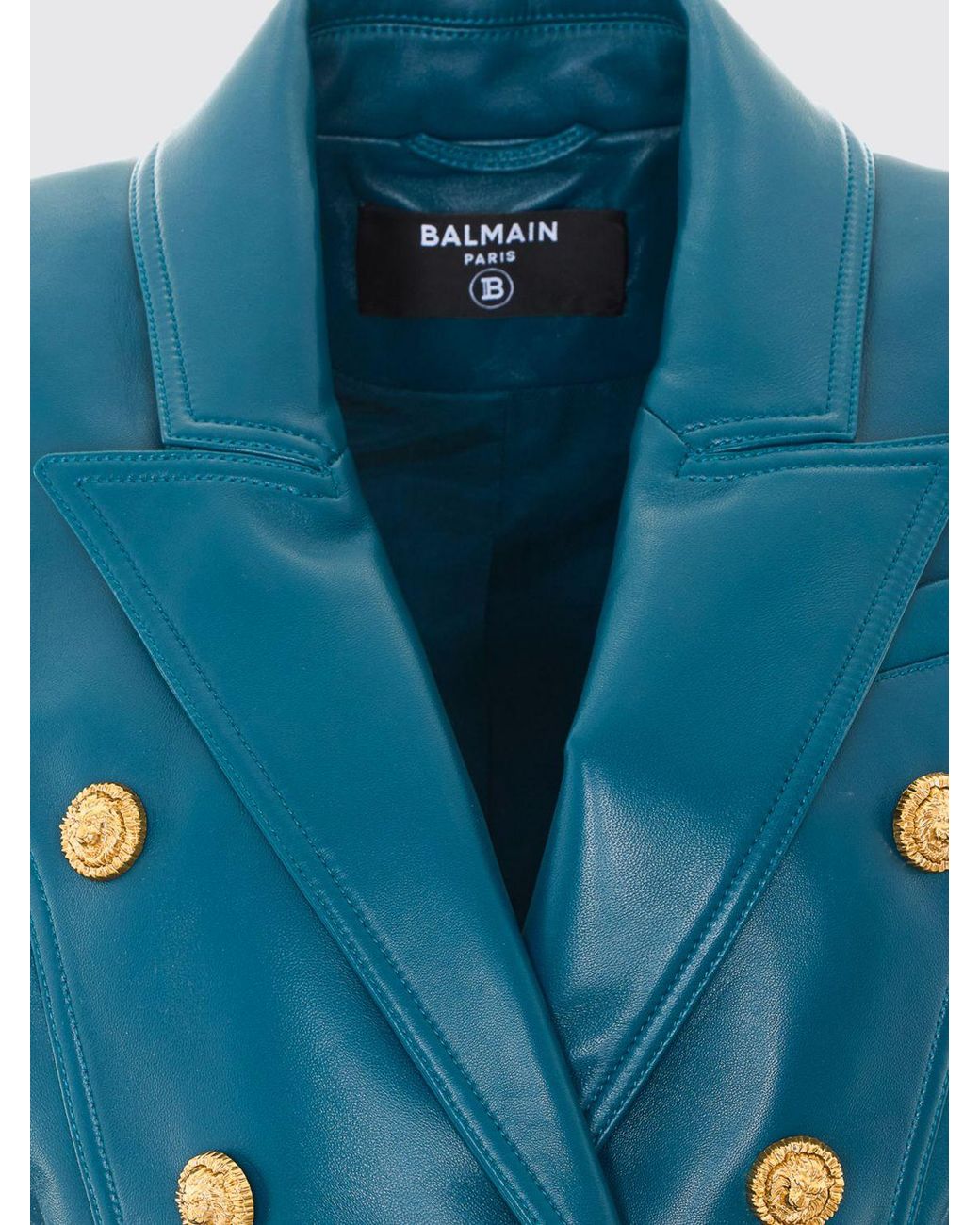 Balmain Blue Double-Breasted Lambskin Leather Blazer With Peak Lapels And Padded Shoulders