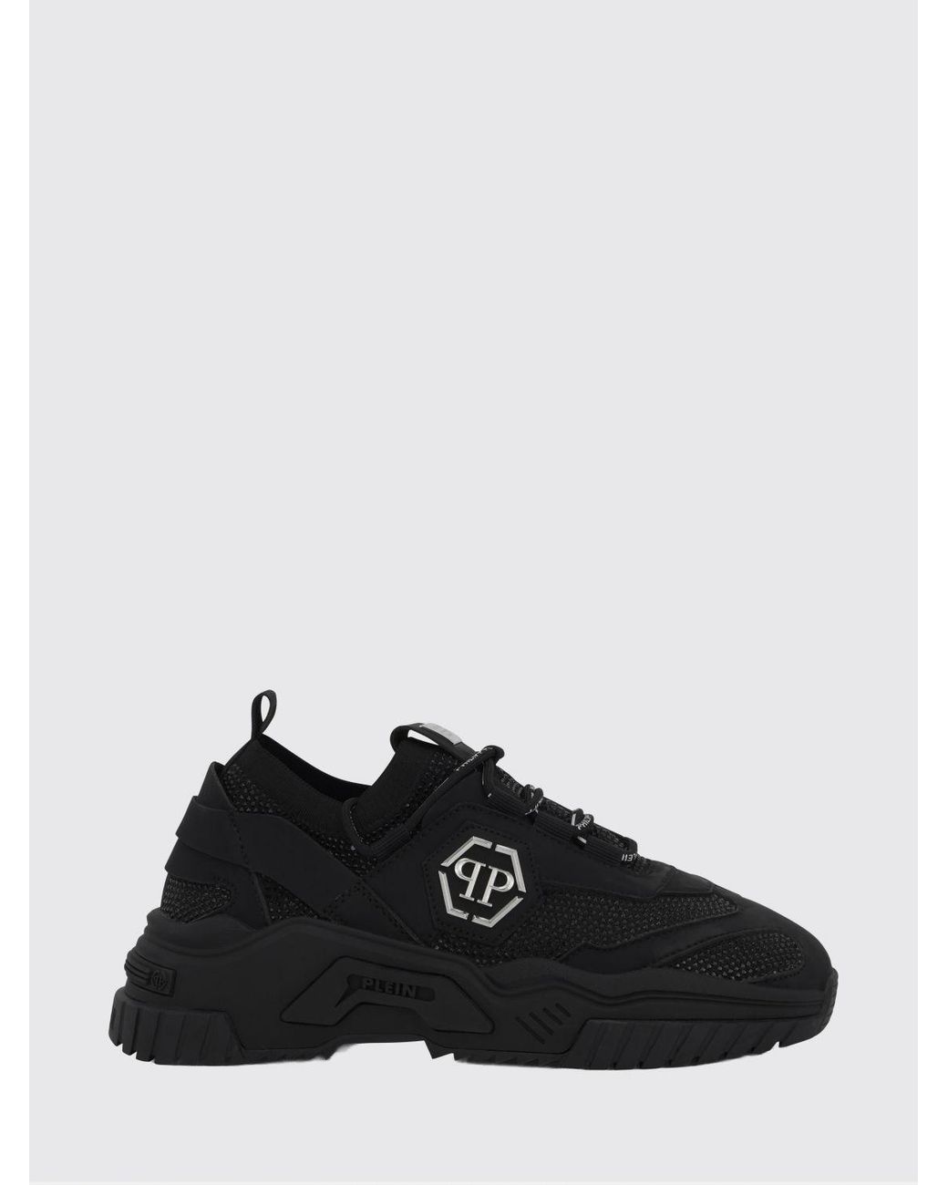 Philipp Plein Black Low-Top Leather And Stretch Viscose Sneakers With Monogram And Rhinestones for men
