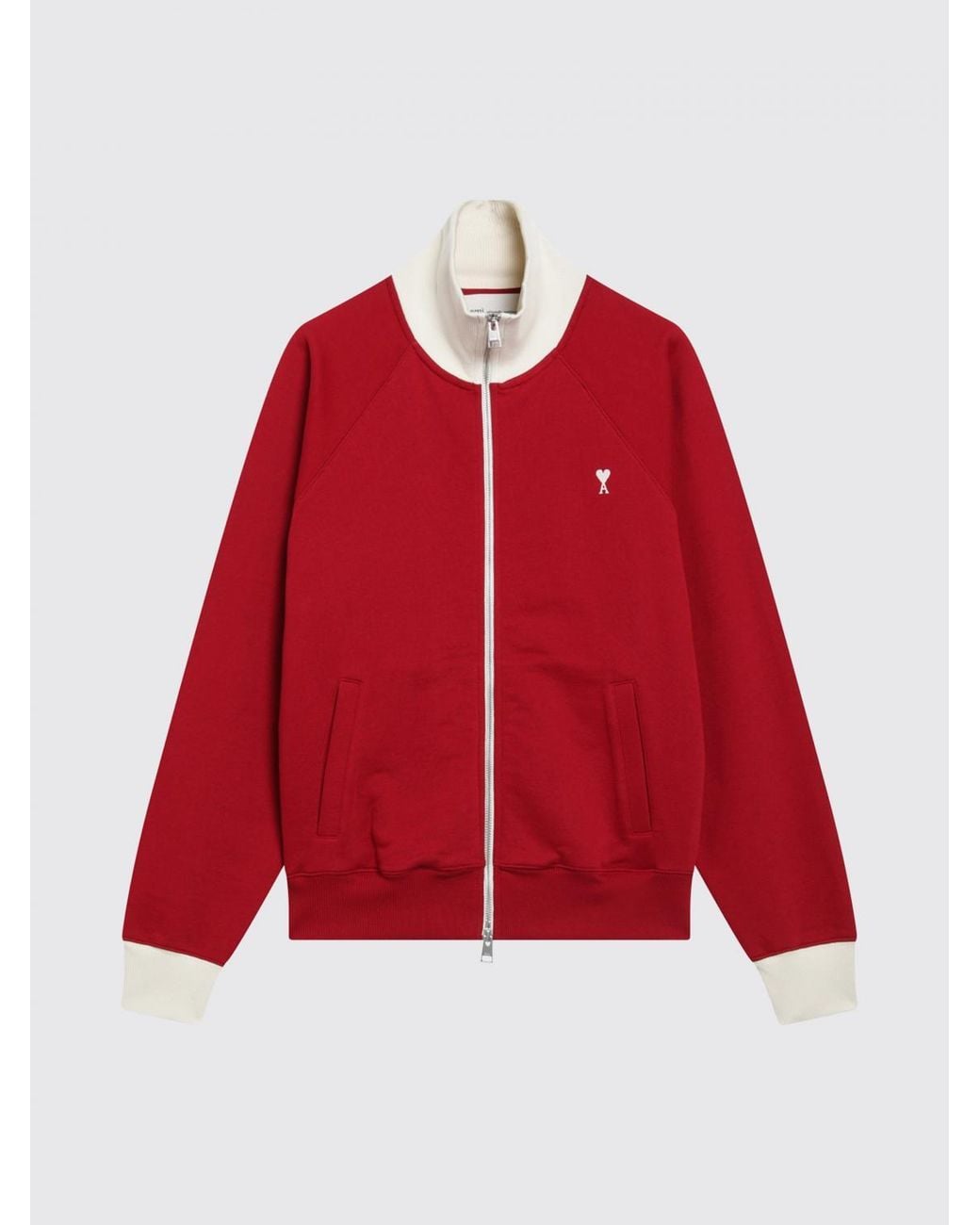 AMI Red Cotton Zipped Sweatshirt With High Neck And Ami De Cœur Monogram for men