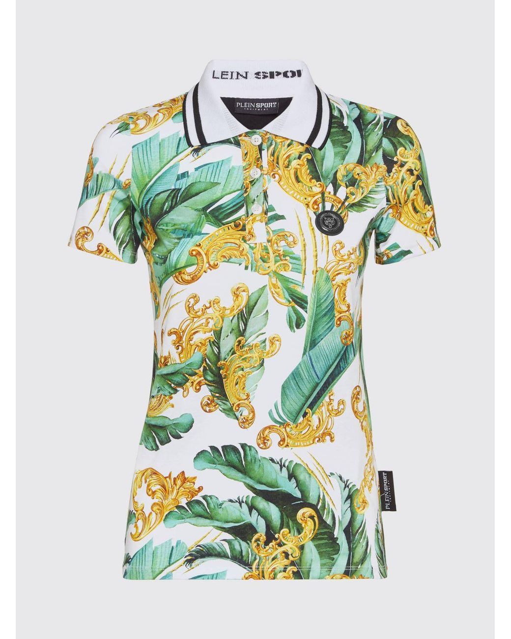 Philipp Plein Green Sleeveless Cotton Polo Shirt With Tropical Print And Striped Collar