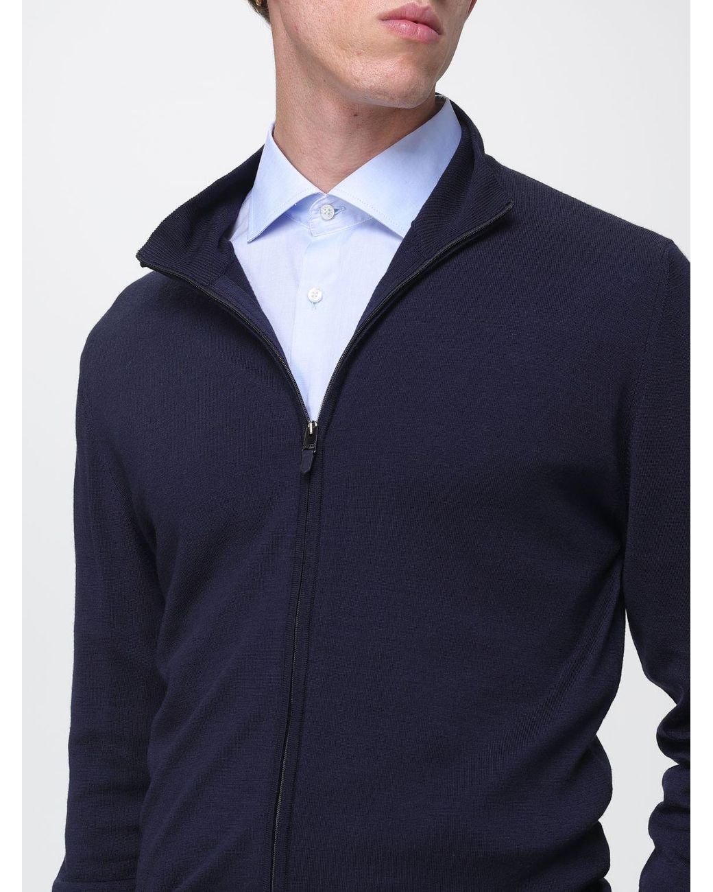 Canali Blue Wool Cardigan Jumper With Turtleneck And Zip Closure for men