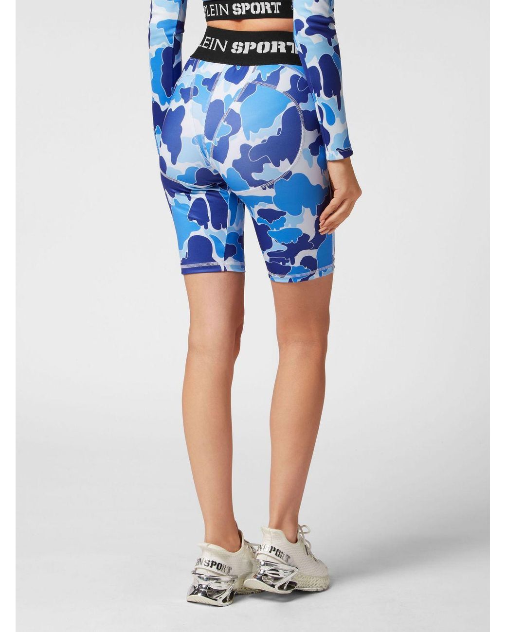 Philipp Plein Blue High-Waisted Camouflage Print Cycling Shorts