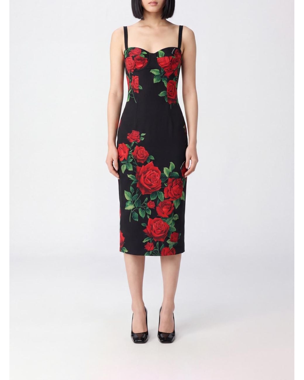 Dolce & Gabbana Red Dolce &Amp Gabbana Floral-Print Satin Bustier Midi Dress