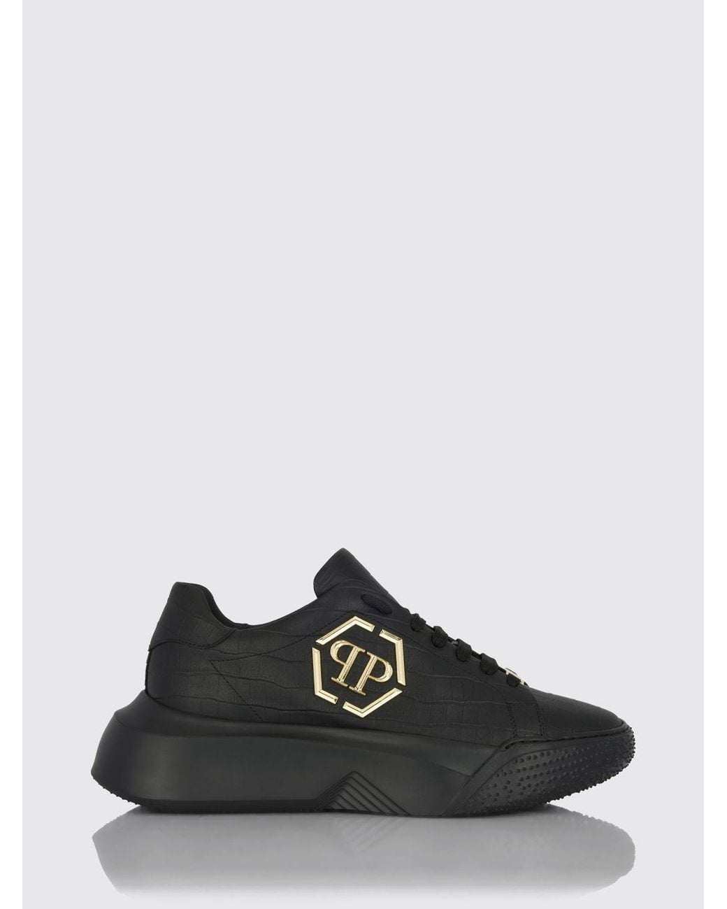Philipp Plein Black Croc-Effect Leather Low-Top Trainers With Hexagon Logo for men