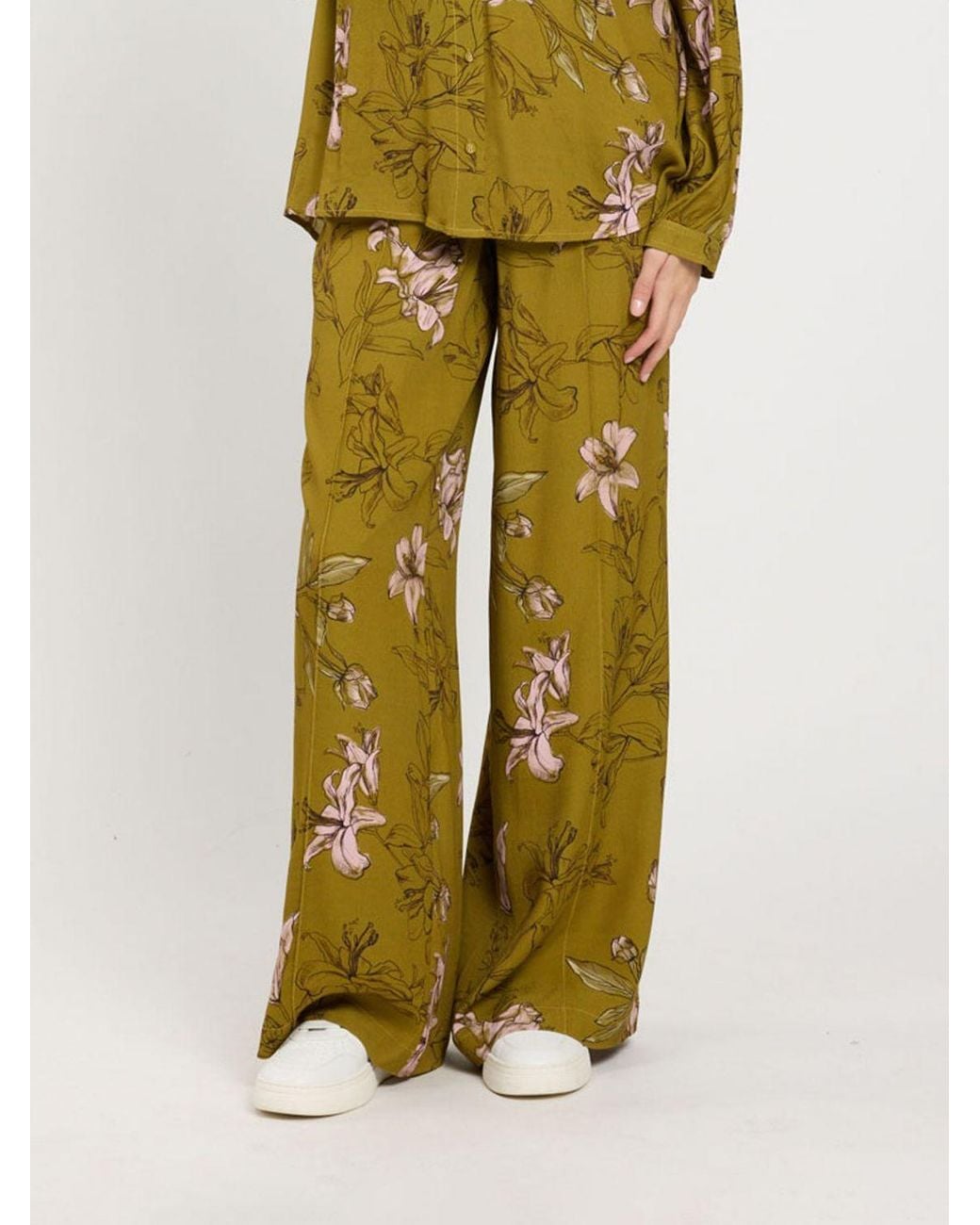 Twinset Yellow High-Waisted Floral Print Viscose Palazzo Trousers