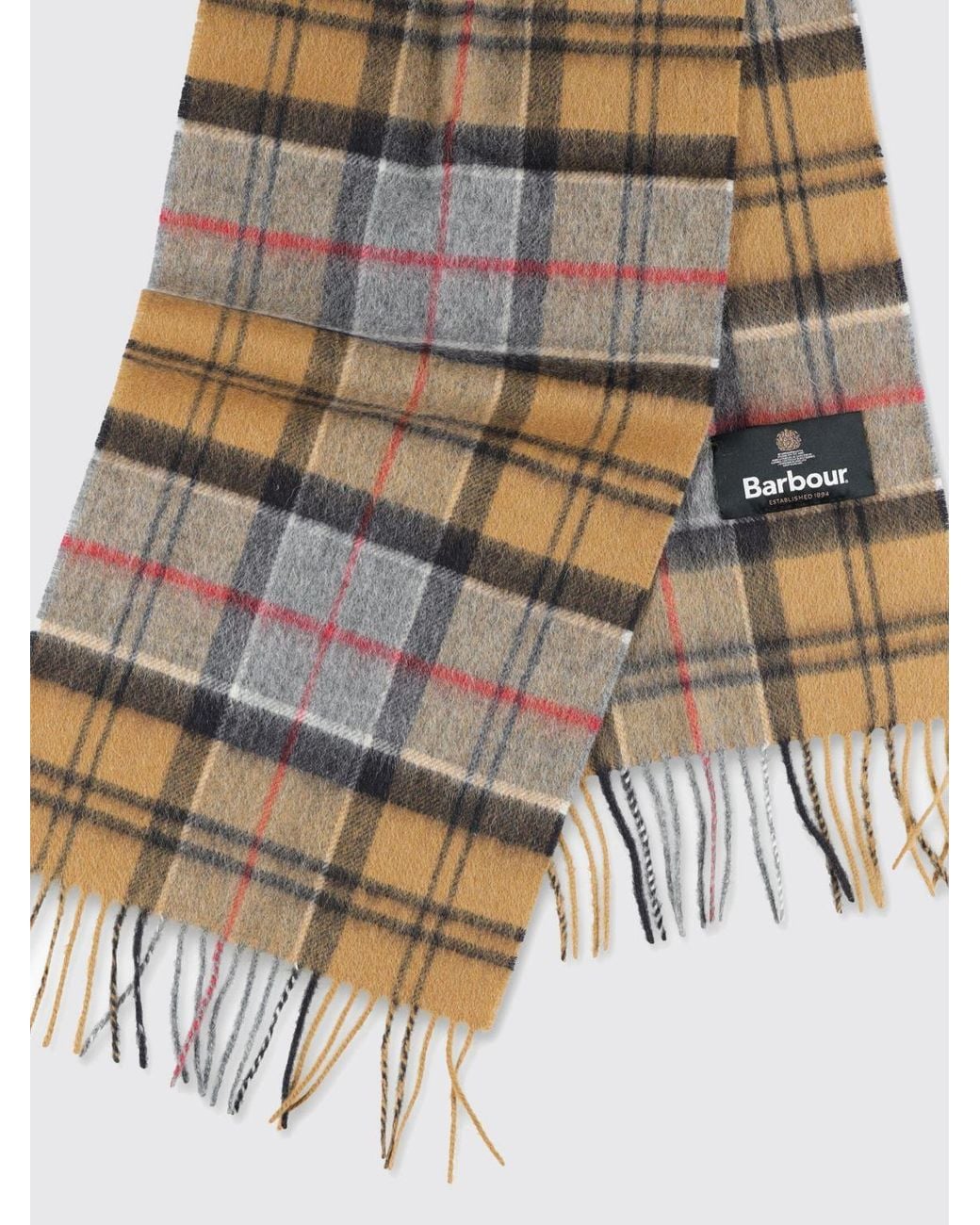 Barbour Gray Tartan Pattern Wool And Cashmere Blend Scarf With Fringed Hem for men