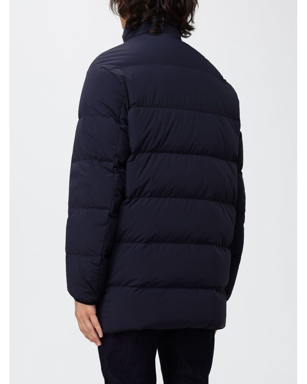 Emporio Armani Blue Knee-Length Water-Repellent Quilted Nylon Down Jacket for men