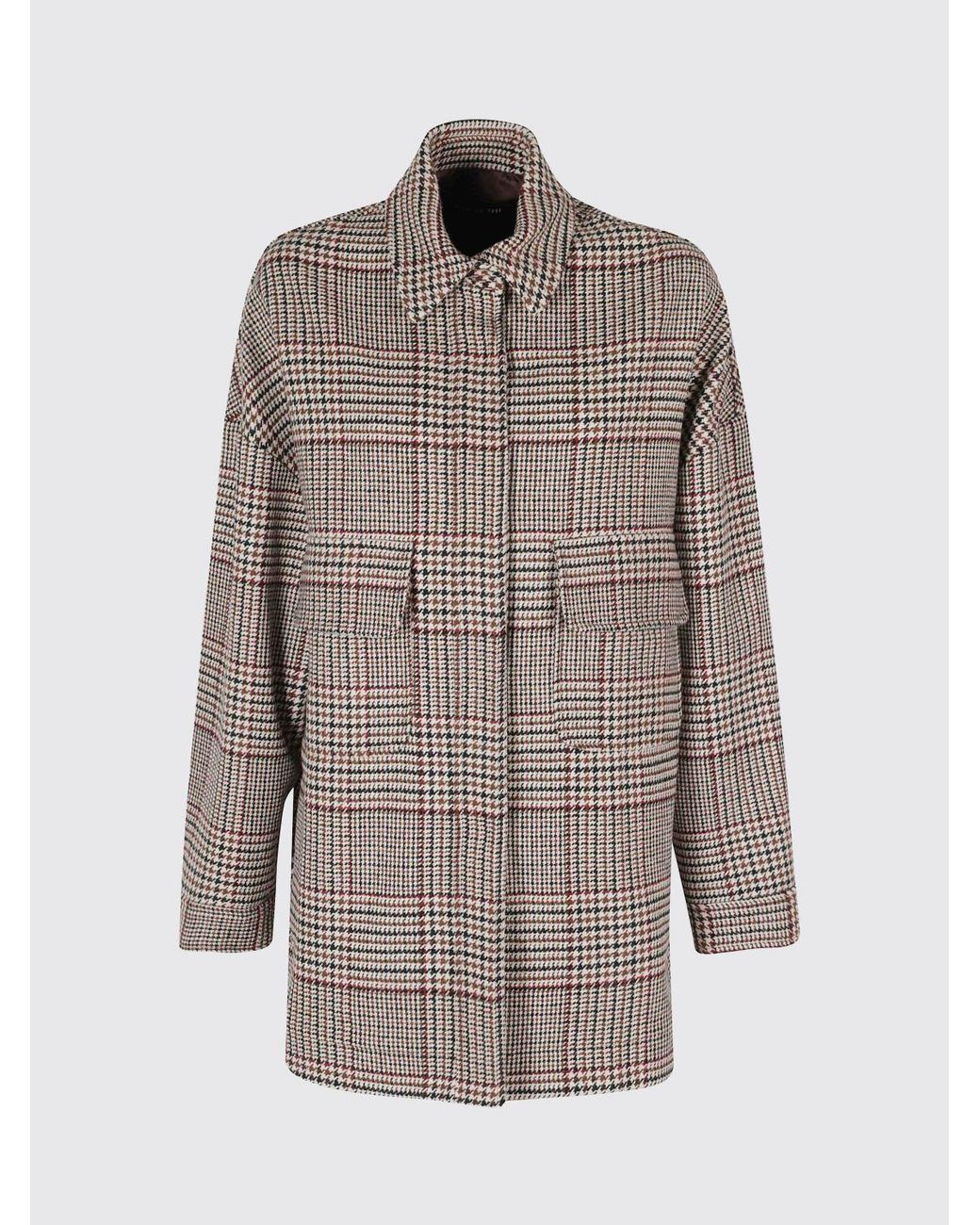 FEDERICA TOSI Brown Knee-Length Single-Breasted Houndstooth Wool Coat