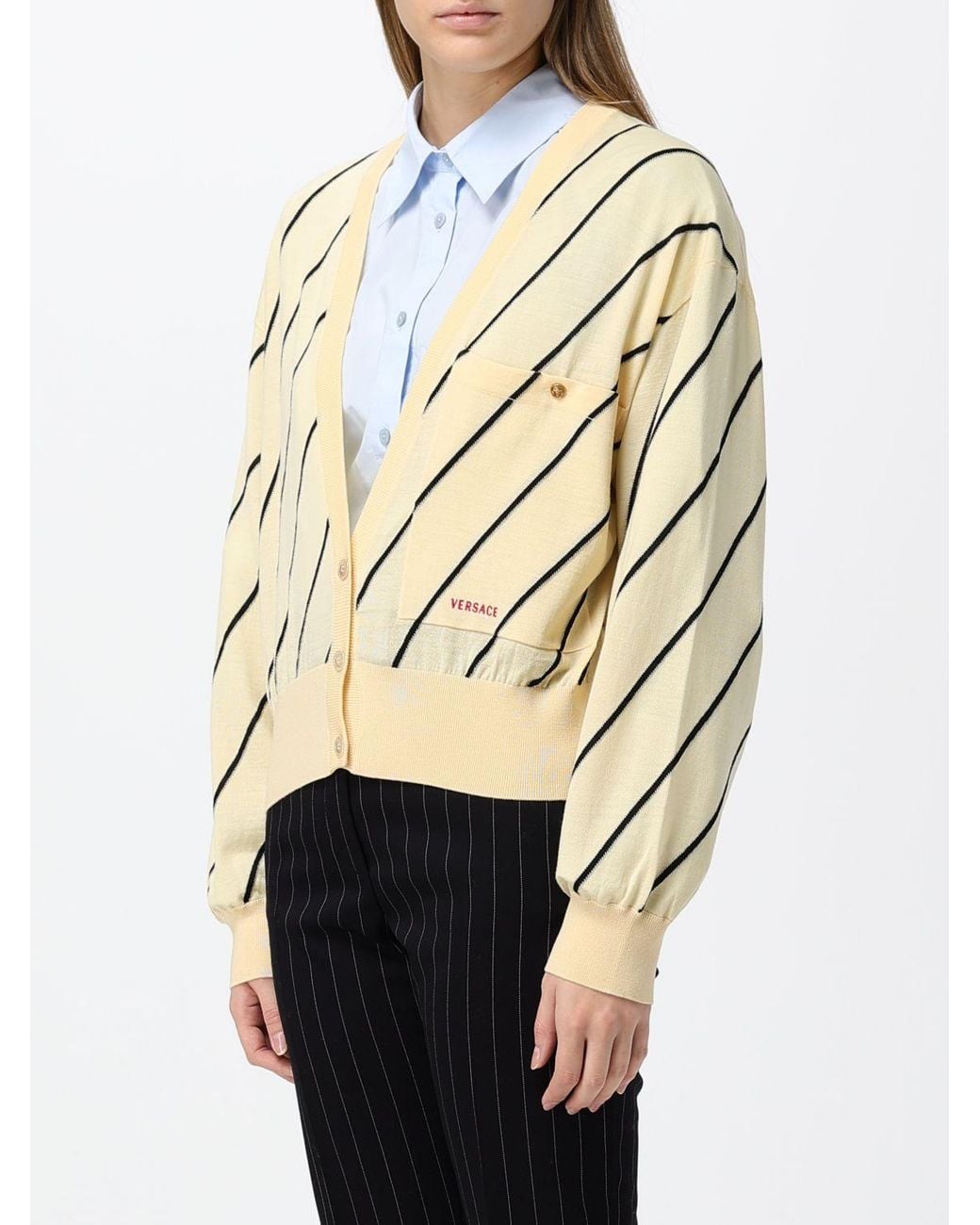 Versace Natural Striped Wool Blend Cardigan With Contrasting Logo And V-Neck