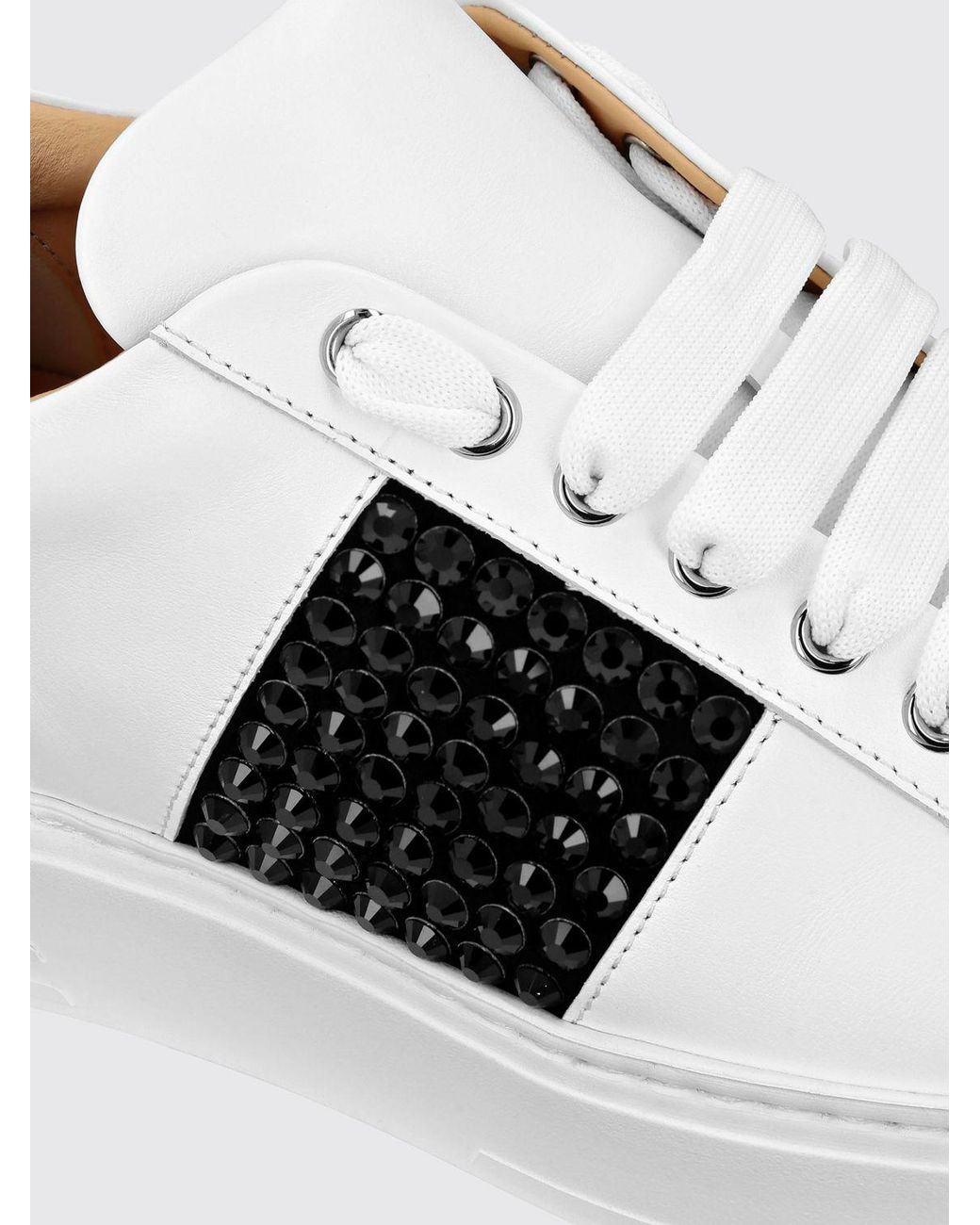 Philipp Plein White Leather Low-Top Sneakers With Rhinestones And Abstract Embroidery
