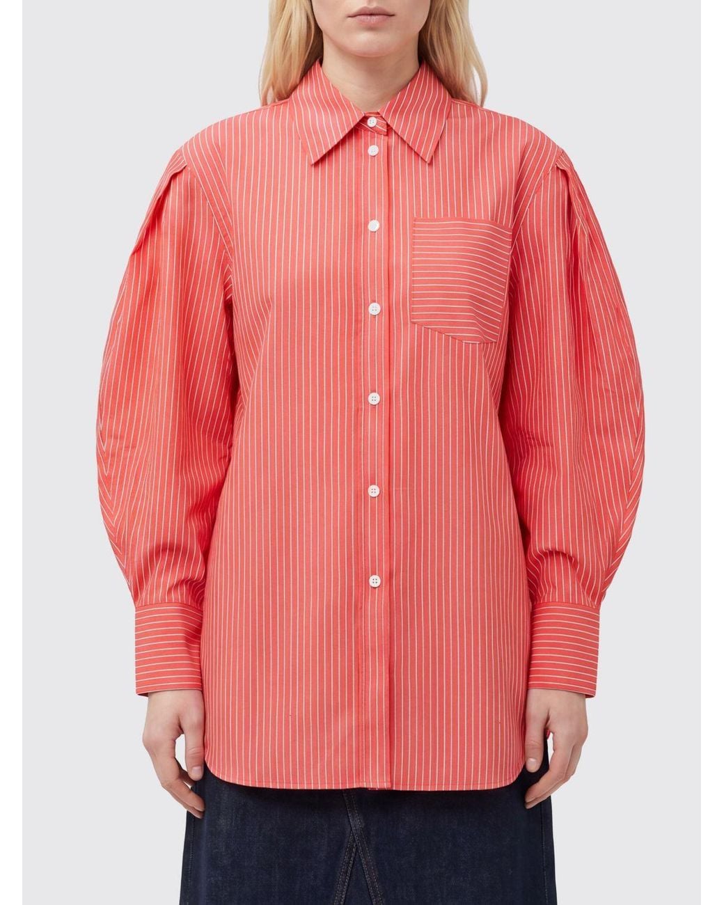 Ganni Pink Striped Cotton Shirt With Balloon Sleeves