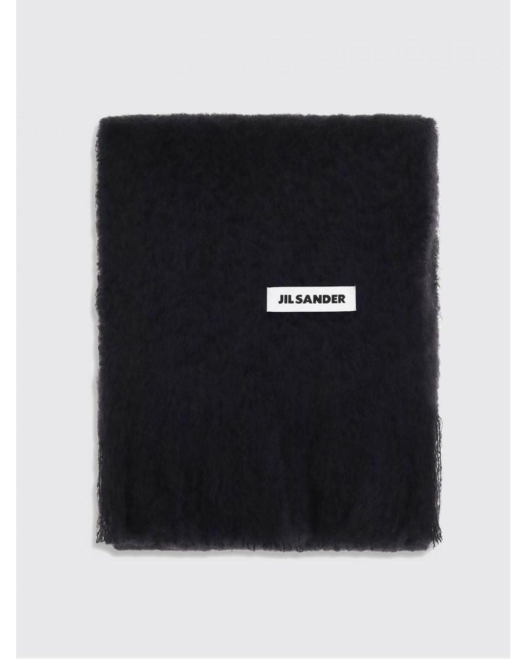 Jil Sander Black Fringed Mohair Wool Blend Scarf With Applied Logo Patch