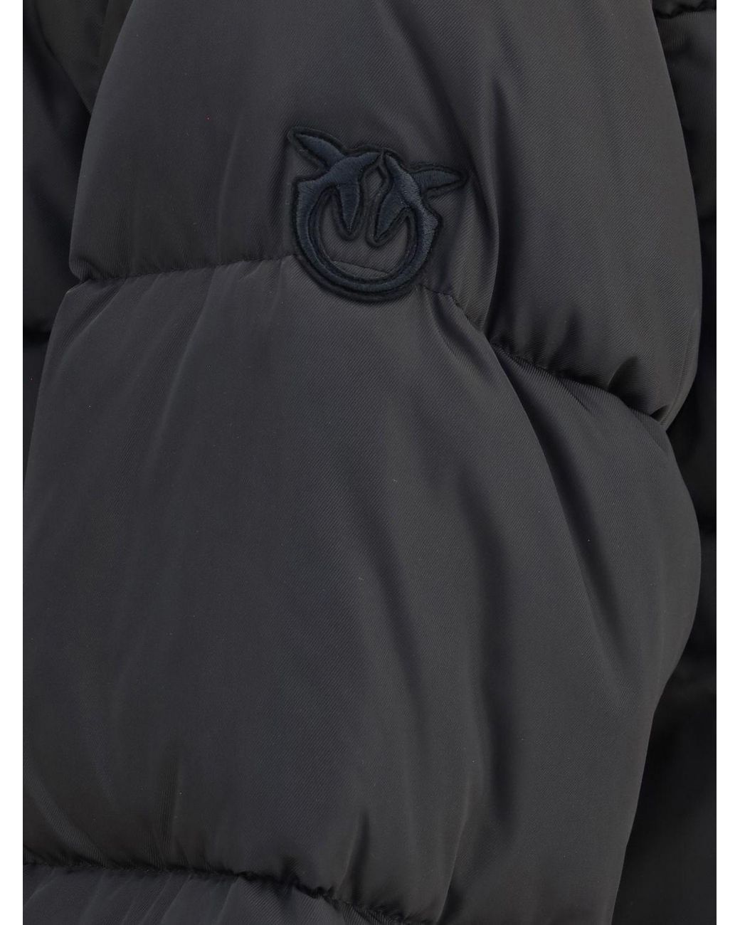 Pinko Black Godetia Nylon Puffer Jacket With Hood, Fur Collar, And Removable Sleeves