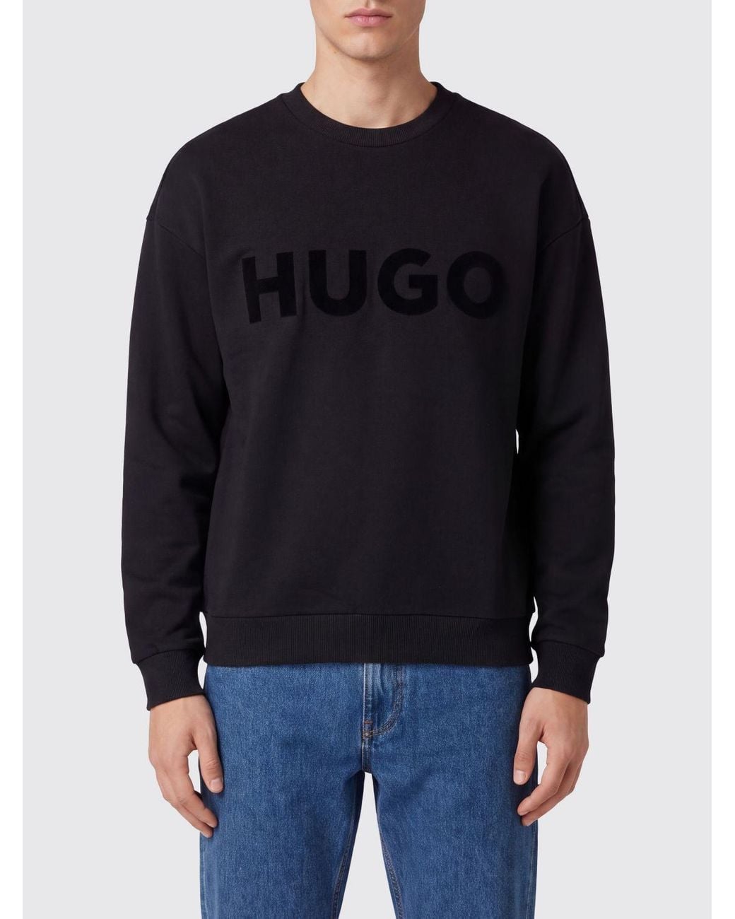 HUGO Blue Crewneck Cotton Sweatshirt With Long Sleeves And Tone-On-Tone Logo for men