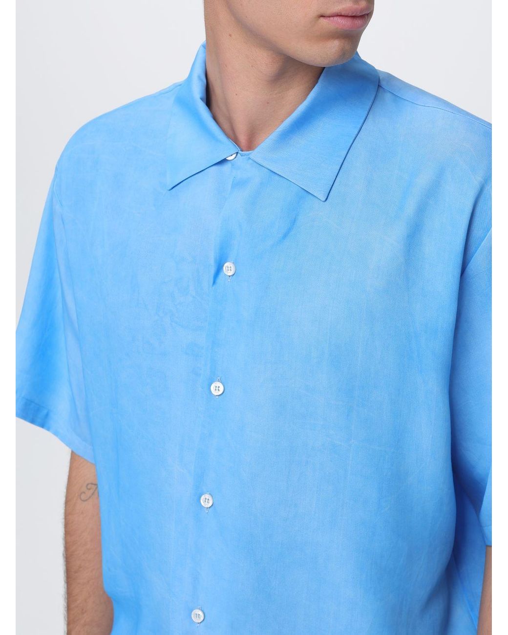 MSGM Blue Short-Sleeved Lyocell Shirt With Cuban Collar for men