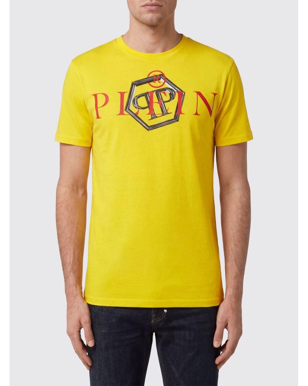 Philipp Plein Yellow Cotton T-Shirt With Crew Neck And Contrasting Logo Print for men