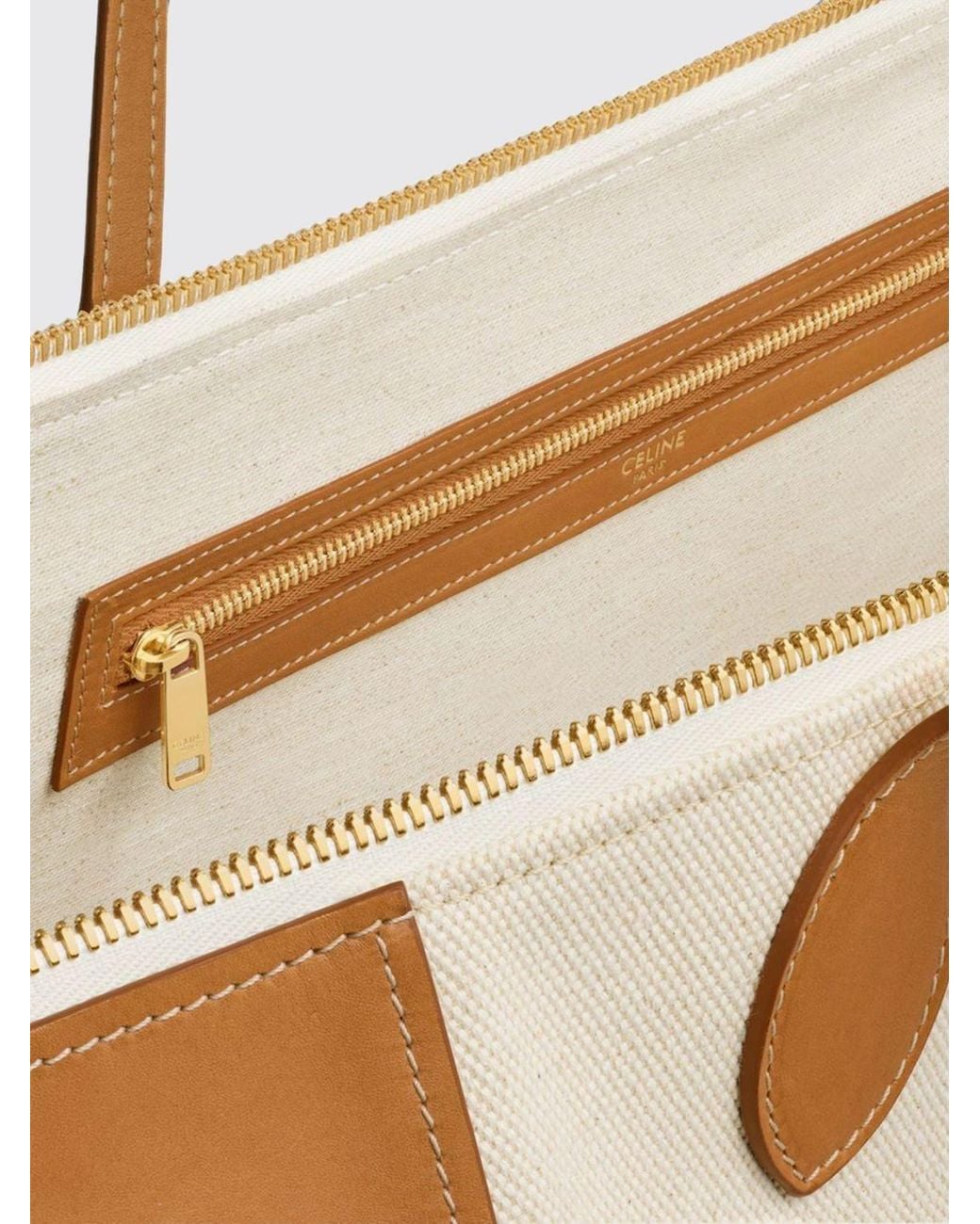 Céline Natural Cotton And Leather Tote Bag With Triomphe Logo And Double Handle