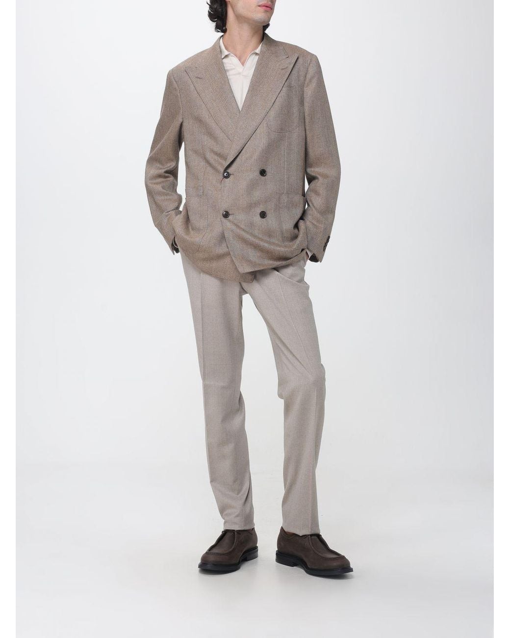 Luciano Barbera Gray Double-Breasted Pure Cashmere Blazer With Chevron Pattern for men