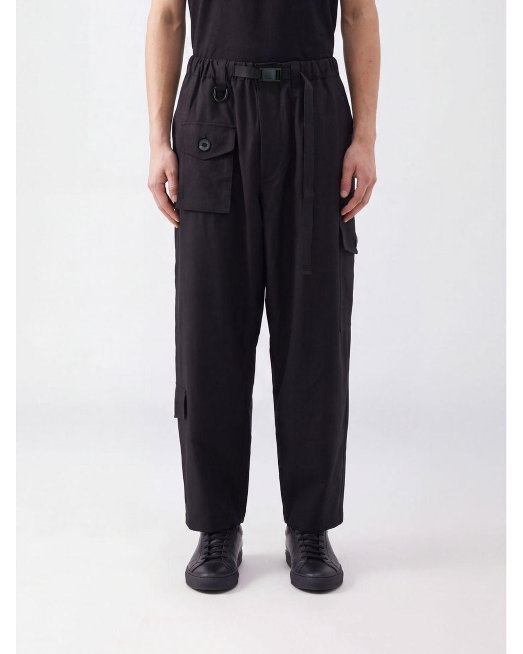 Y-3 Black Wide-Leg Crêpe Cargo Trousers With Drawstring Waist for men