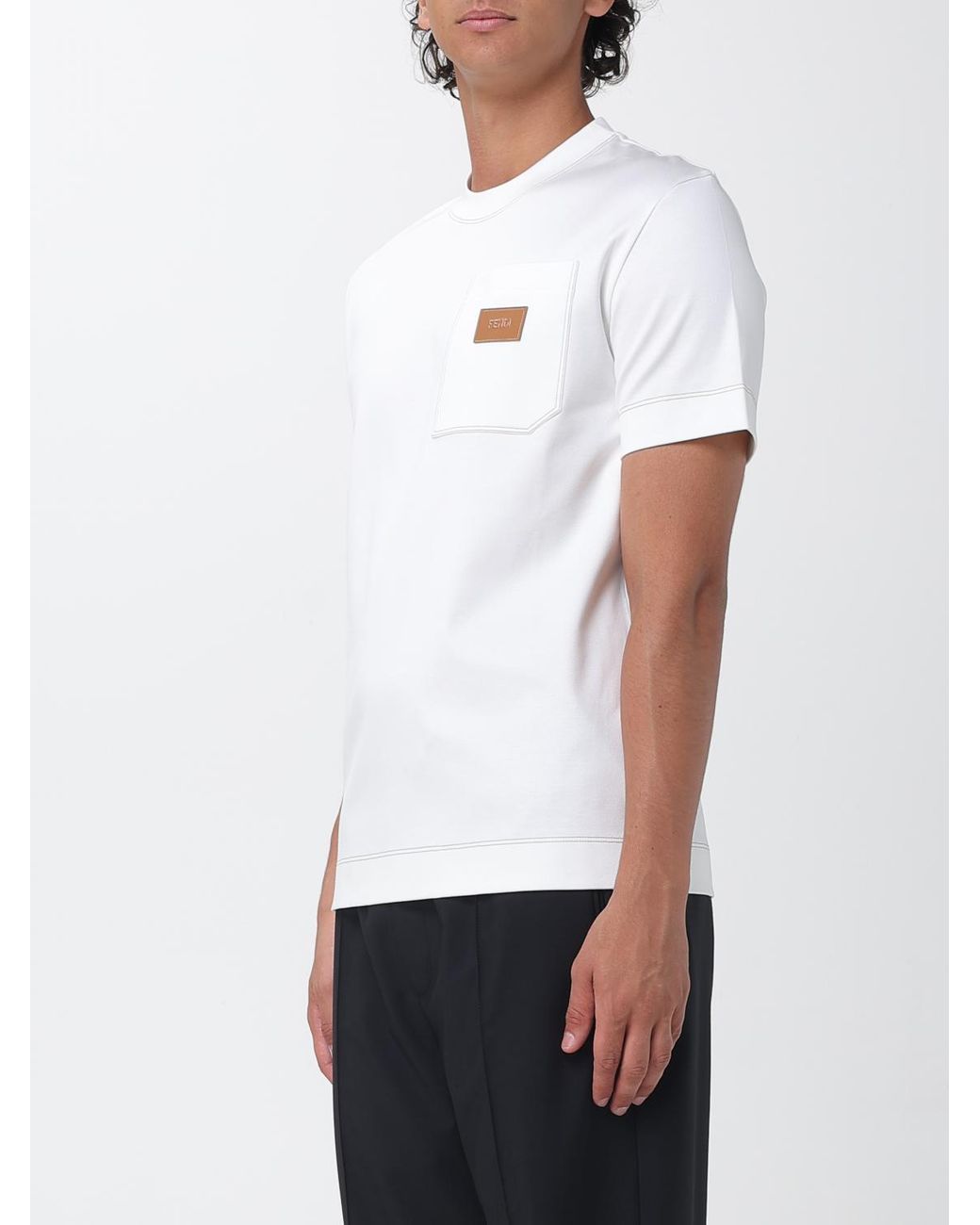 Fendi White Cotton T-Shirt With Patch Pocket And Applied Logo for men