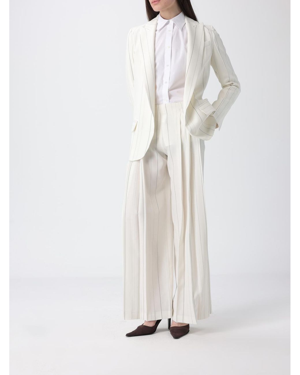 Semicouture White Adelina Pleated Pinstripe Viscose Trousers